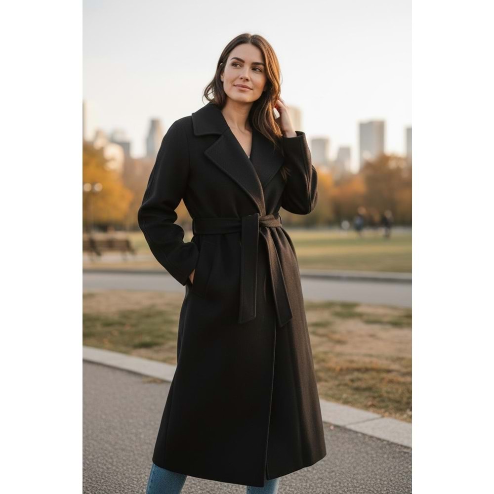 Siyah Astarlı Kemer Detay Cepli Kaşe Kaban