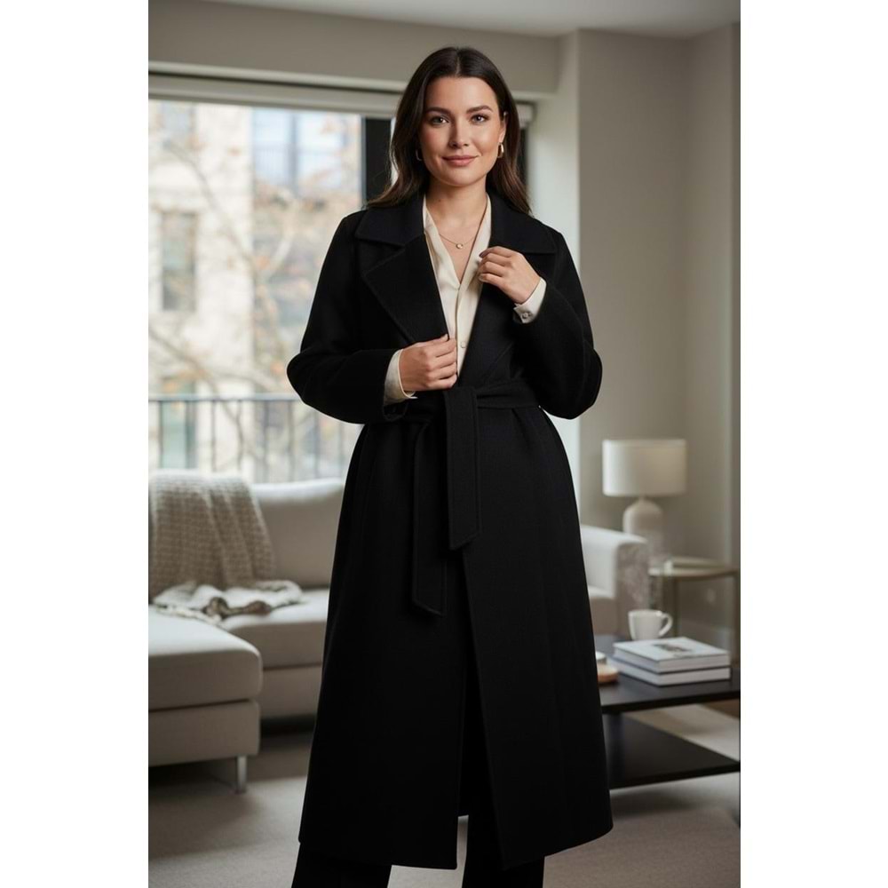 Siyah Astarlı Kemer Detay Cepli Kaşe Kaban