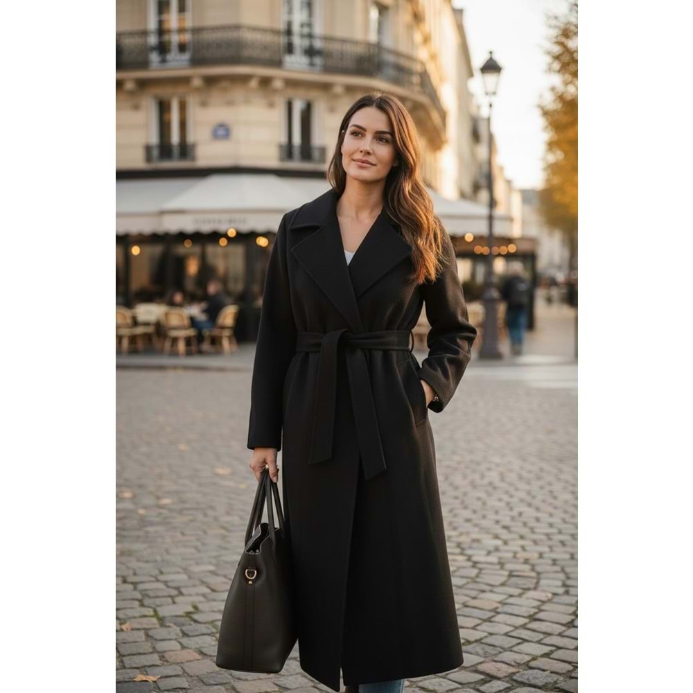 Siyah Astarlı Kemer Detay Cepli Kaşe Kaban