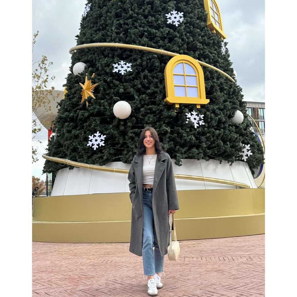 Gri Astarlı Kemer Detay Cepli Kaşe Kaban