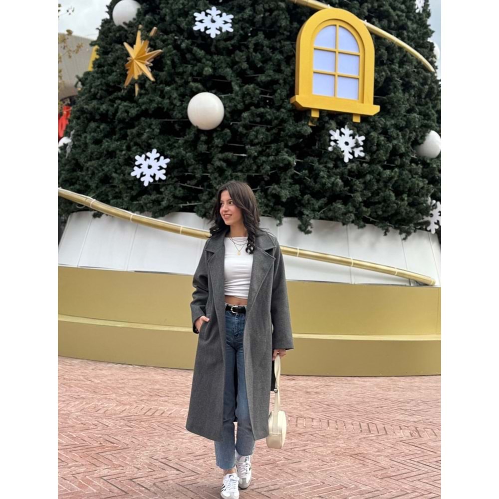 Gri Astarlı Kemer Detay Cepli Kaşe Kaban