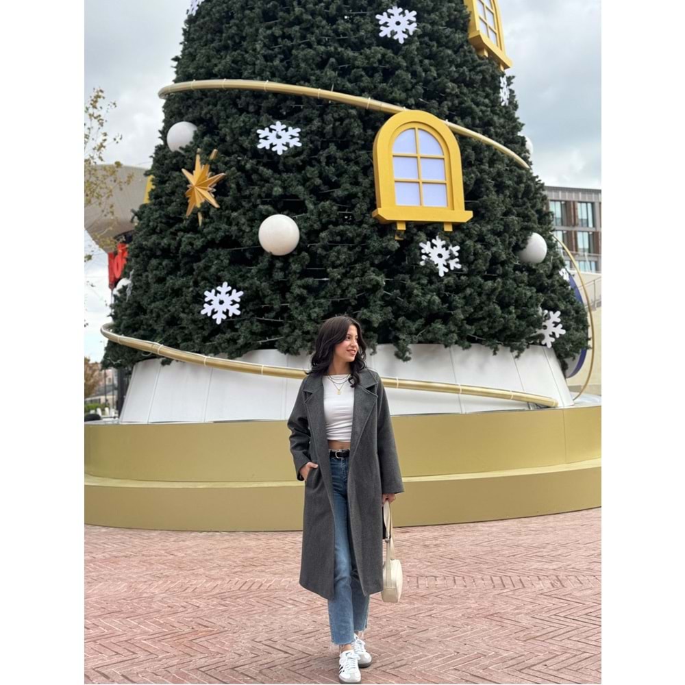 Gri Astarlı Kemer Detay Cepli Kaşe Kaban