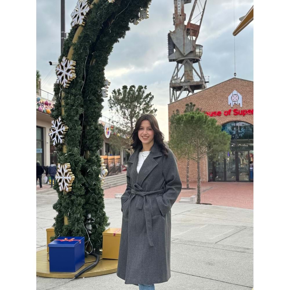 Gri Astarlı Kemer Detay Cepli Kaşe Kaban