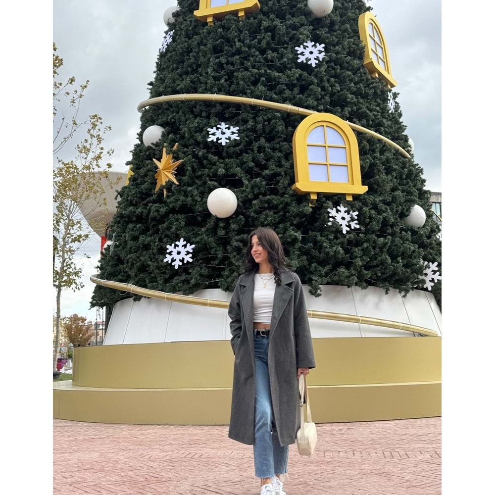 Gri Astarlı Kemer Detay Cepli Kaşe Kaban