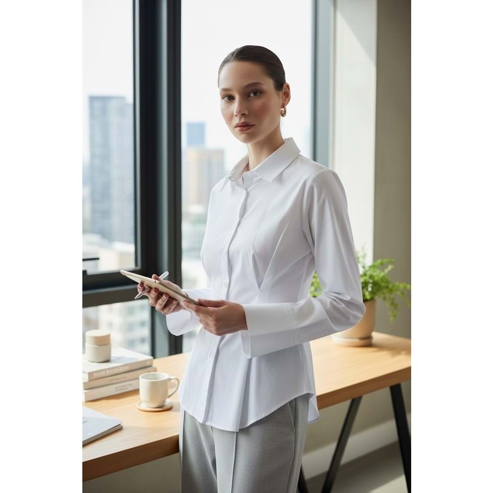 Beyaz Belden Pensli %100 Pamuk Gömlek