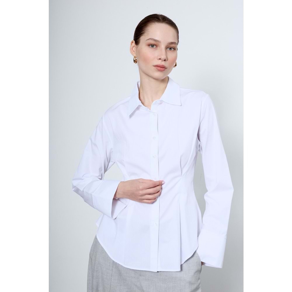 Beyaz Belden Pensli %100 Pamuk Gömlek