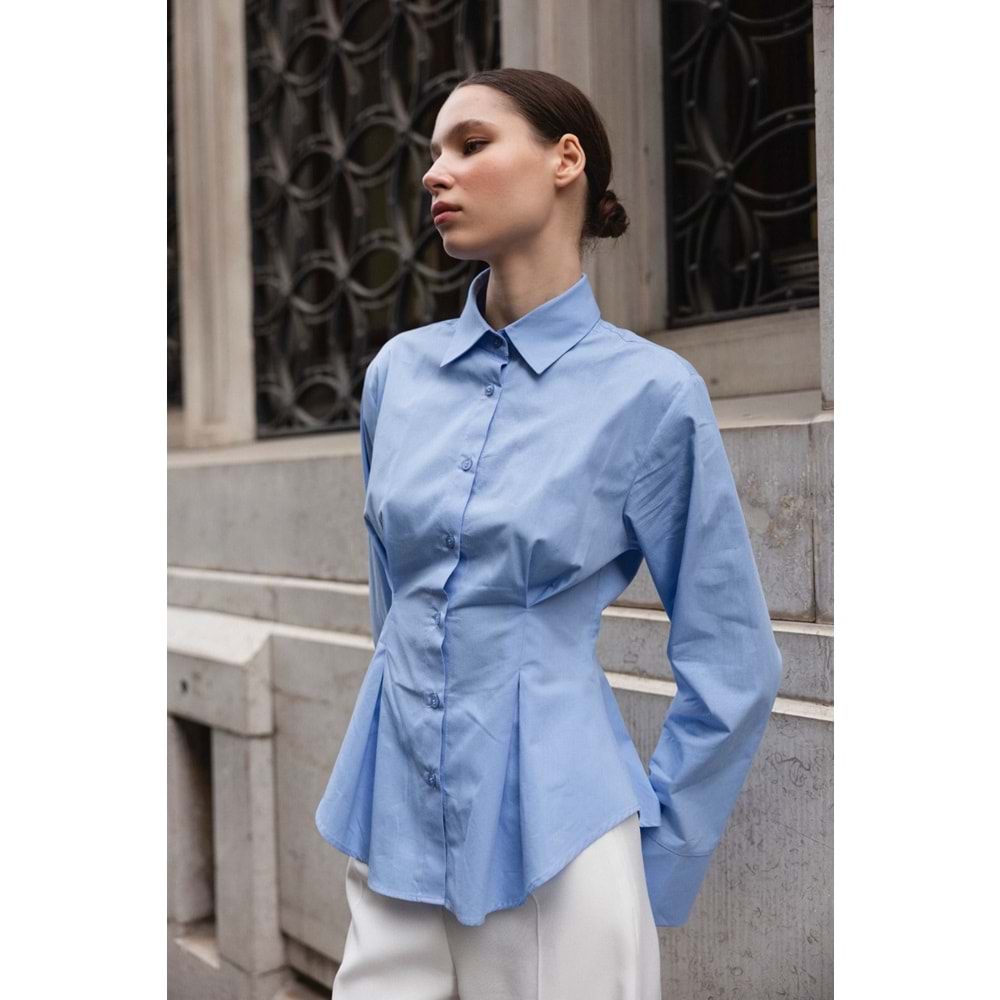 Mavi Belden Pensli %100 Pamuk Gömlek