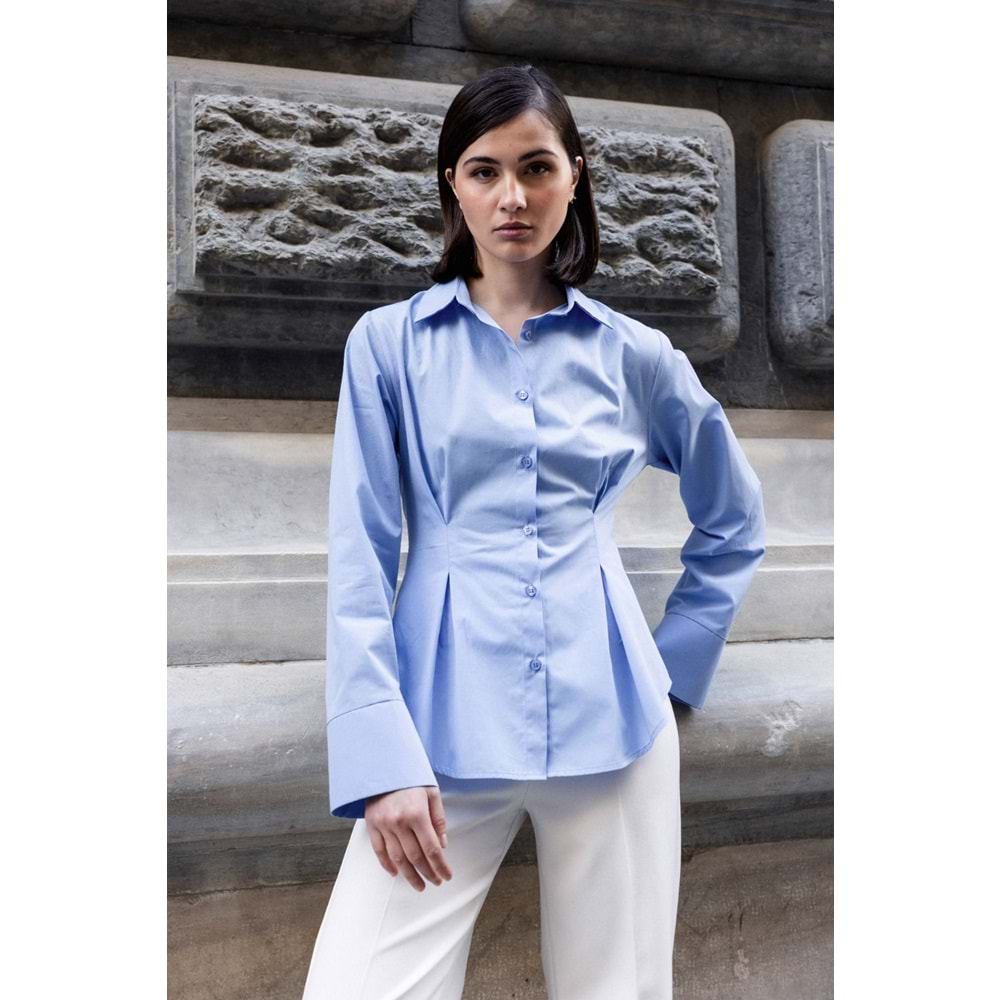 Mavi Belden Pensli %100 Pamuk Gömlek