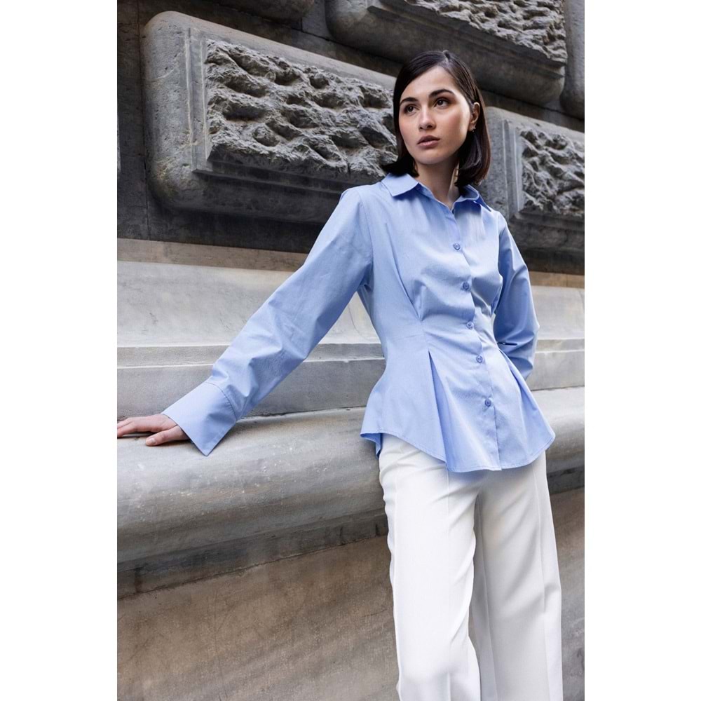 Mavi Belden Pensli %100 Pamuk Gömlek