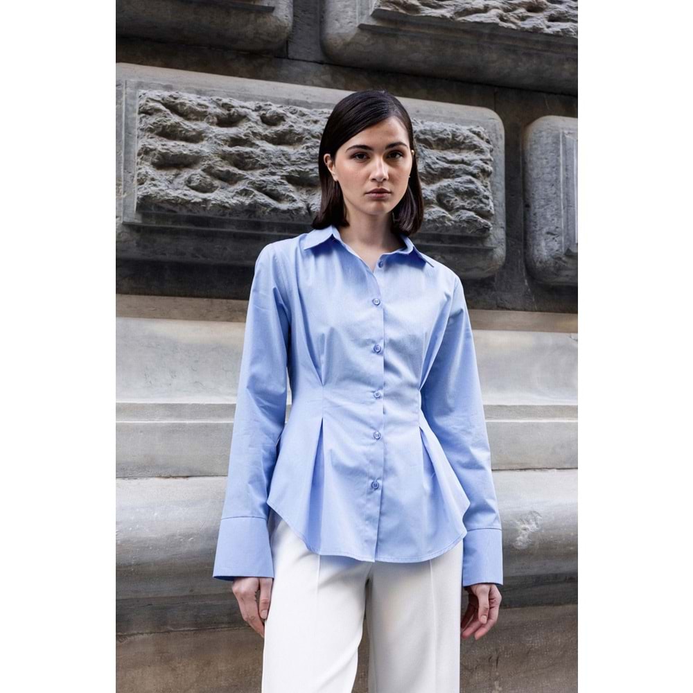 Mavi Belden Pensli %100 Pamuk Gömlek