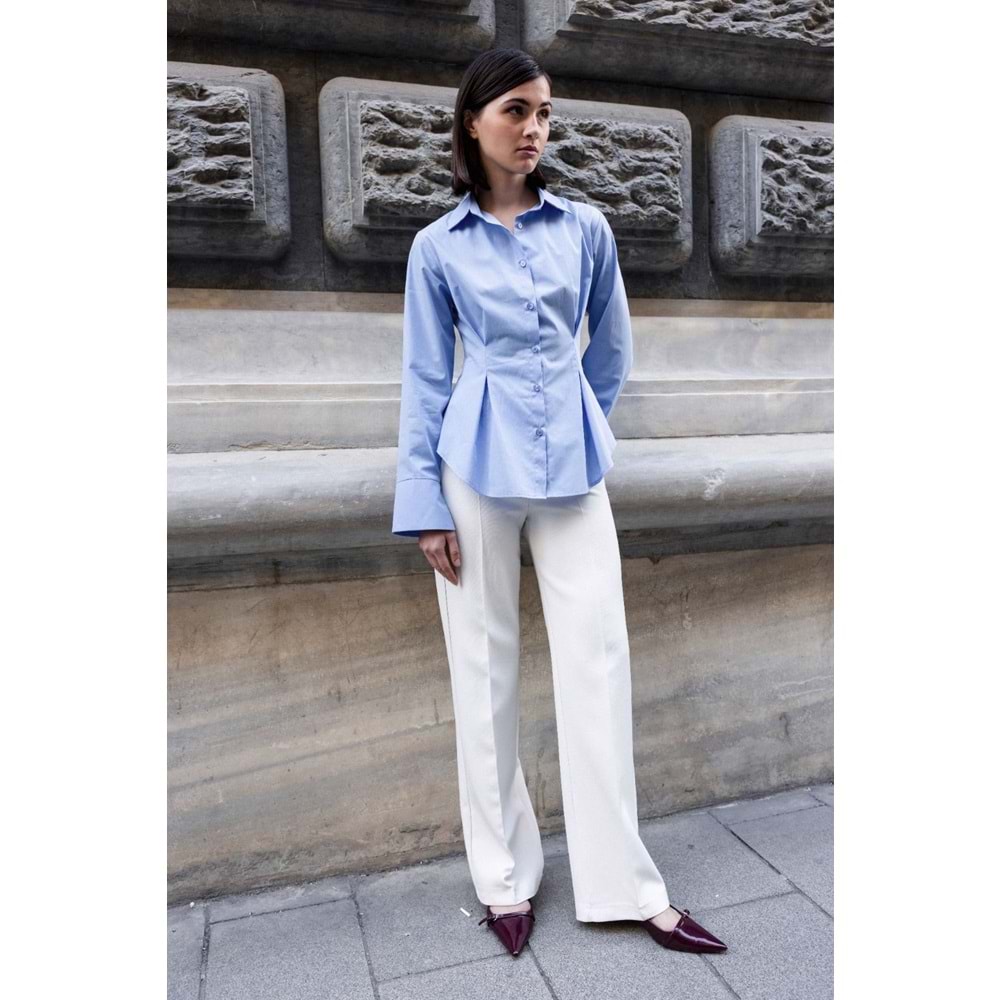 Mavi Belden Pensli %100 Pamuk Gömlek