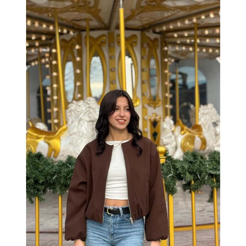 Kahverengi Fermuarlı Bomber Ceket