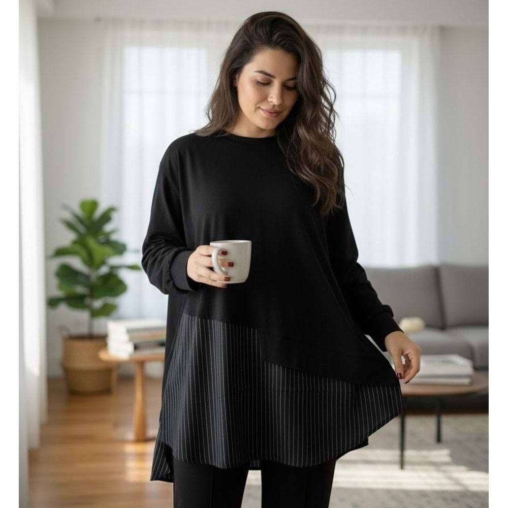 Siyah Asimetrik Kesim Çizgi Detay Tunik Takım