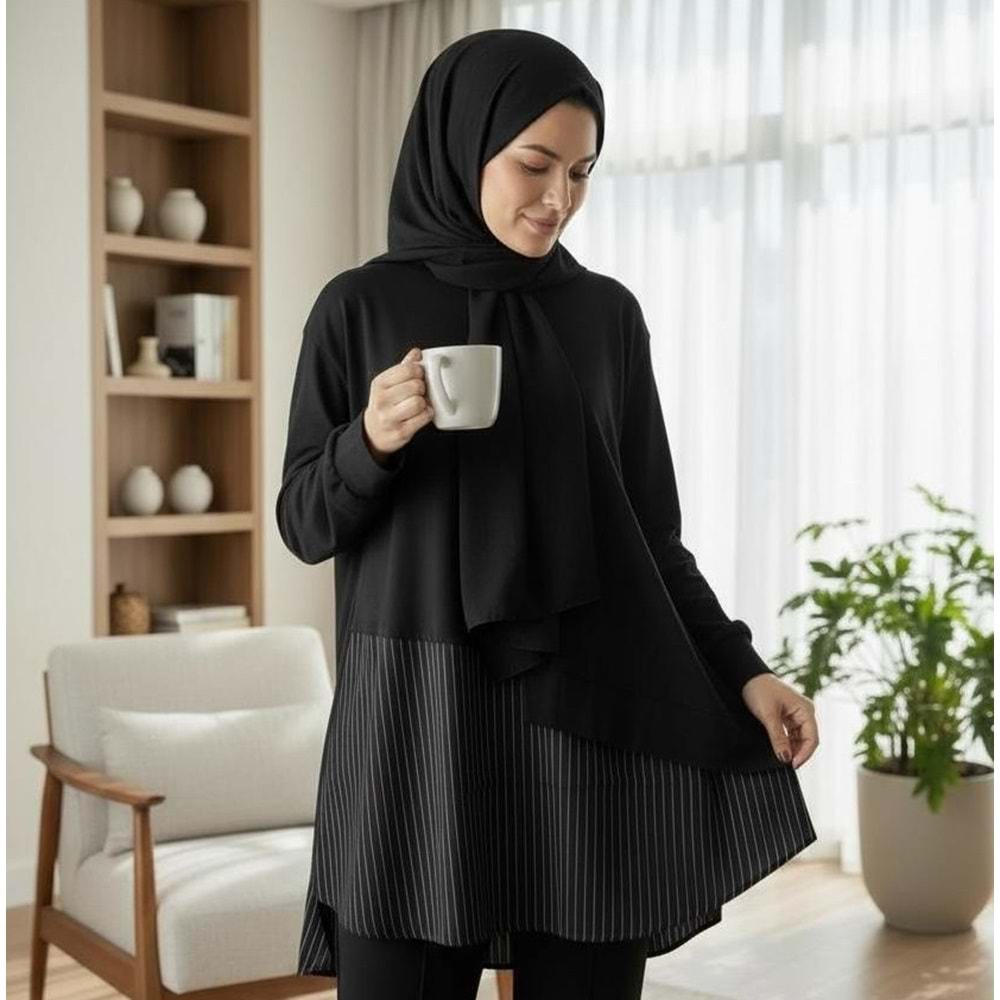 Siyah Asimetrik Kesim Çizgi Detay Tunik Takım