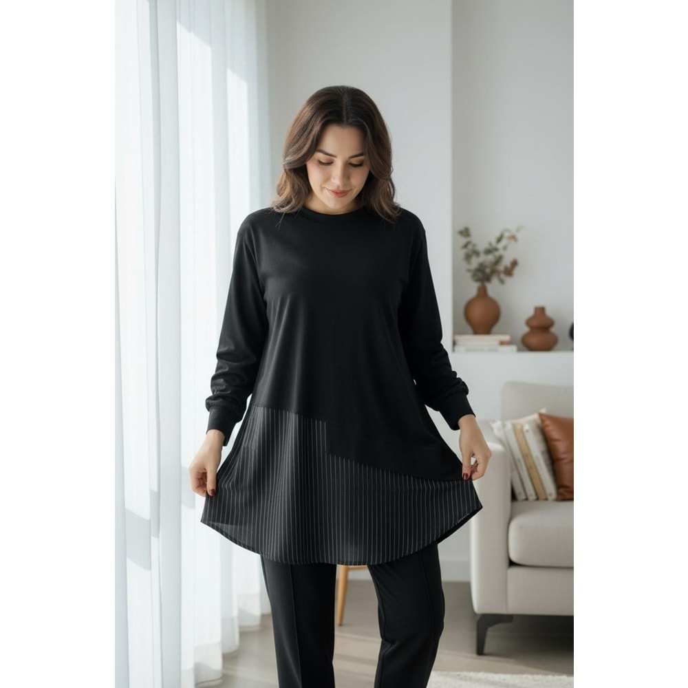 Siyah Asimetrik Kesim Çizgi Detay Tunik Takım