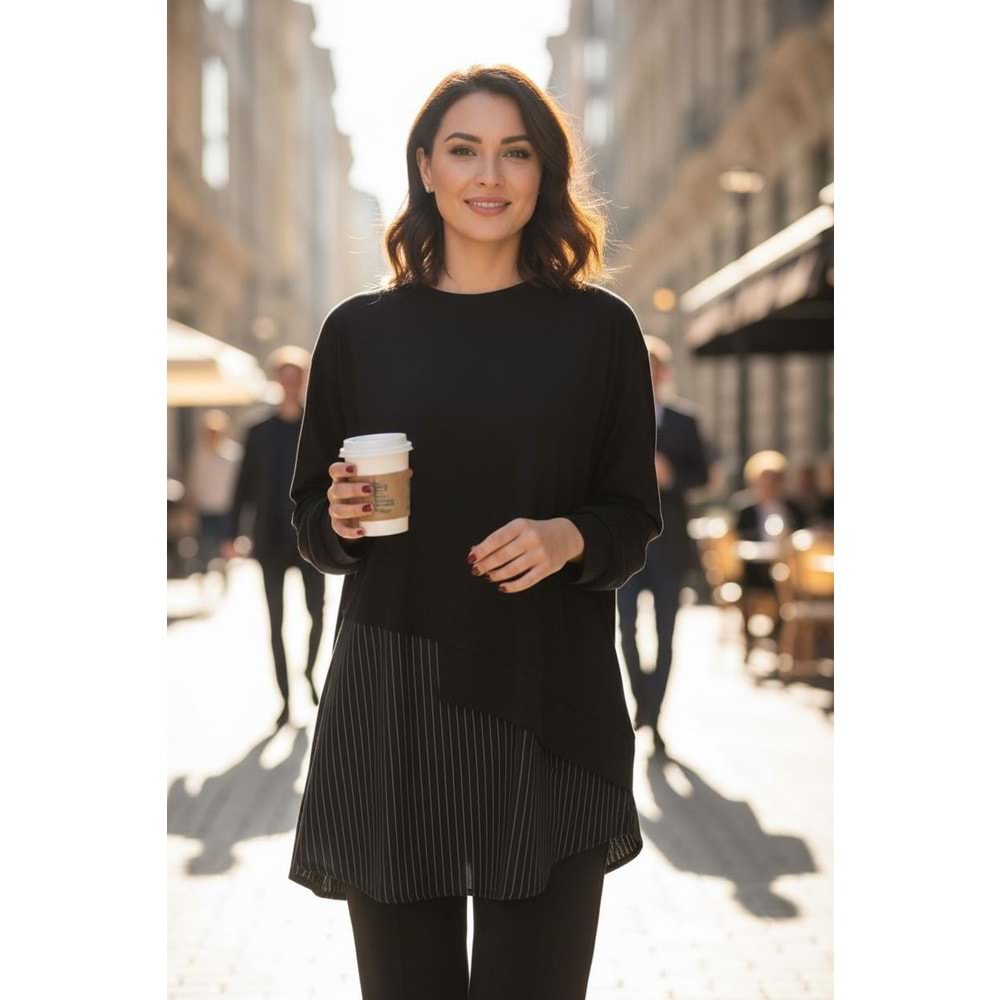 Siyah Asimetrik Kesim Çizgi Detay Tunik Takım