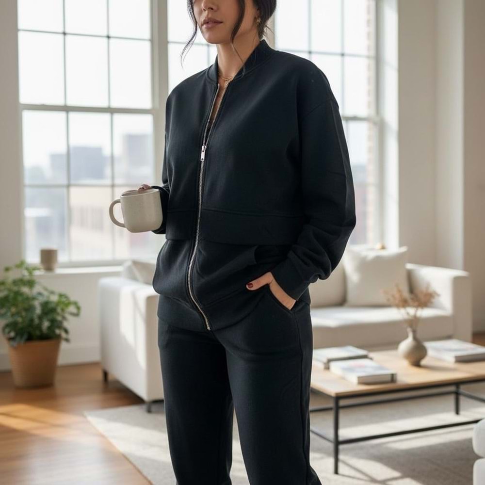 Lacivert Fermuarlı Cep Detay Jogger Oversize Premium Takım