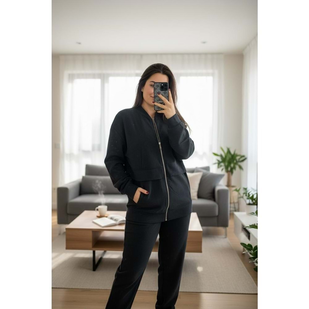 Lacivert Fermuarlı Cep Detay Jogger Oversize Premium Takım