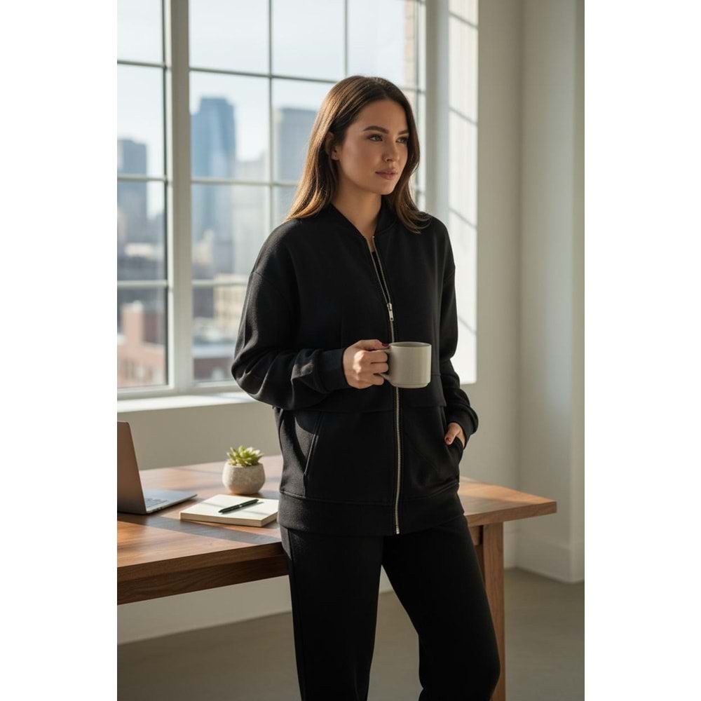 Lacivert Fermuarlı Cep Detay Jogger Oversize Premium Takım