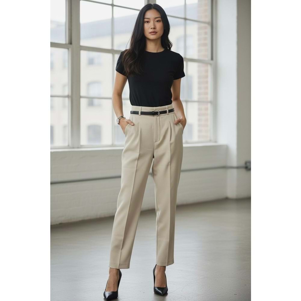 Kemerli Premium Taş Rengi Kumaş Pantolon