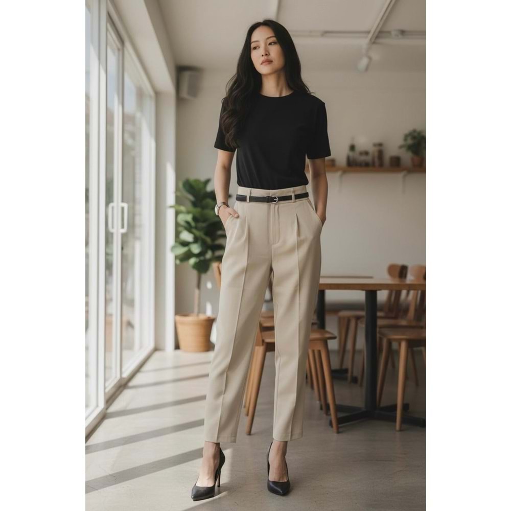 Kemerli Premium Taş Rengi Kumaş Pantolon
