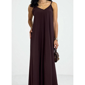 Askılı Sırt Dekolteli Kahverengi Uzun Elbise