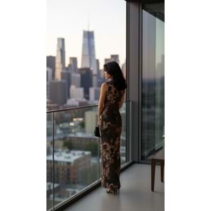 Kahverengi Pembe Desenli Uzun Elbise