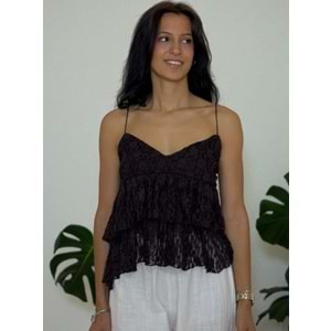 Dantelli Askılı Kahverengi Bluz