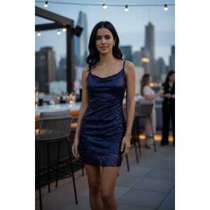Payetli Askılı Lacivert Kısa Gece Elbisesi