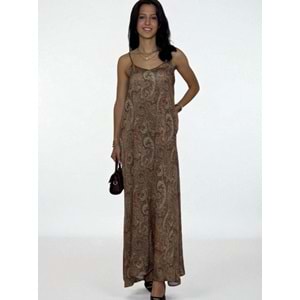 Desenli Askılı Uzun Elbise