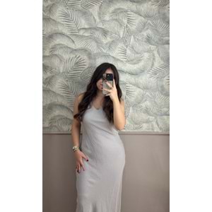 Taş Rengi Viskon Kumaş Uzun Elbise