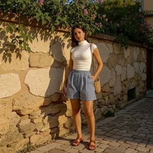 Lacivert Beyaz Çizgili Şort