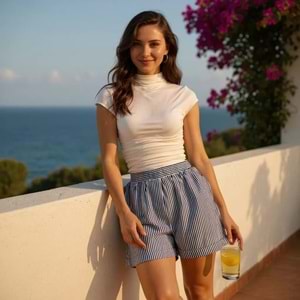 Lacivert Beyaz Çizgili Şort