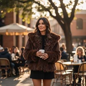 Çıtçıtlı Acı Kahve Şal Yaka Astarlı Premium Kürk