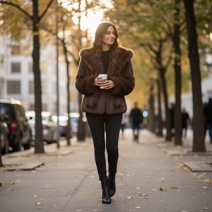 Çıtçıtlı Acı Kahve Şal Yaka Astarlı Premium Kürk