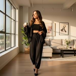 Siyah Saten Bomber Ceket Pantolon Takım