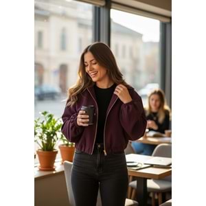 Mürdüm Altın Fermuarlı Bomber Ceket