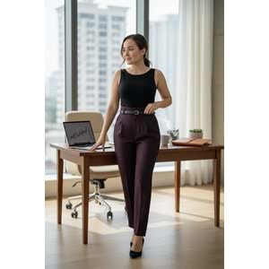 Kemerli Premium Mürdüm Kumaş Pantolon