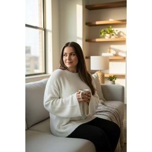 Beyaz Bisiklet Yaka Sakallı Premium Kazak