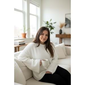 Beyaz Bisiklet Yaka Sakallı Premium Kazak