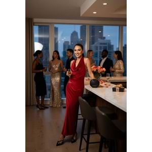 Kadife Kırmızı Sırt Dekolteli Davet Elbisesi