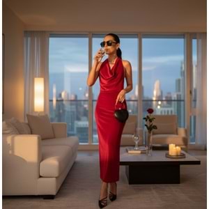 Kadife Kırmızı Sırt Dekolteli Davet Elbisesi