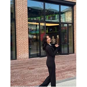 Siyah El Geçirmeli Cepli İspanyol Paça Yırtmaçlı Tayt Hırka Takım