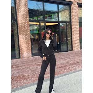 Siyah El Geçirmeli Cepli İspanyol Paça Yırtmaçlı Tayt Hırka Takım