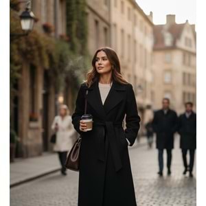 Siyah Astarlı Kemer Detay Cepli Kaşe Kaban