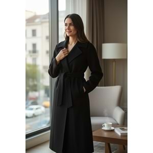 Siyah Astarlı Kemer Detay Cepli Kaşe Kaban