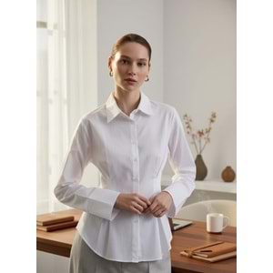 Beyaz Belden Pensli %100 Pamuk Gömlek