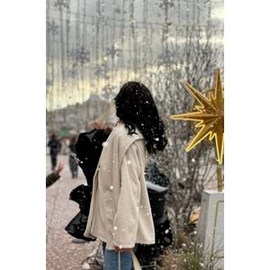 Beyaz Atkılı Bisiklet Yaka Düğmeli Kaşe Panço