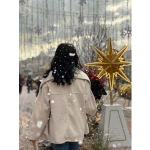 Beyaz Atkılı Bisiklet Yaka Düğmeli Kaşe Panço