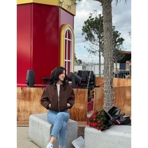 Kahverengi Fermuarlı Bomber Ceket